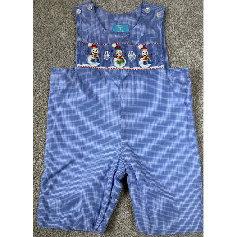 Claire & Charlie  Smocked Baby Romper Blue Gingham 3 Months Winter Snowman